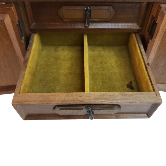 Vintage Wooden Jewelry Box Storage Chest With Drawers & Cabinet 18"L x 7"H - Picture 10 of 16